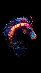 Neon biomechanical seahorse in luminous digital painting.