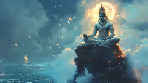 Moonlit celestial meditation above a tranquil glowing sea.