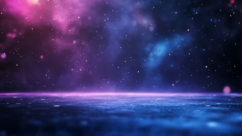 Nebula sky over reflective surface in blue and magenta tones.