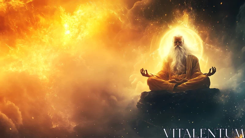 Serene cosmic sage meditating within glowing golden clouds.