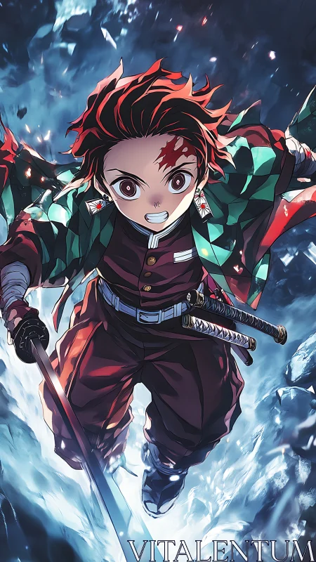 Fiery young swordsman cleaves through a storm of shattered ice.
