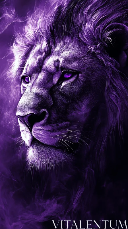 High-contrast violet lion portrait with volumetric fur lighting