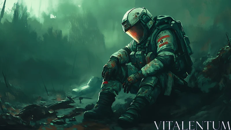 Solitary armored figure seated in damaged forest terrain.