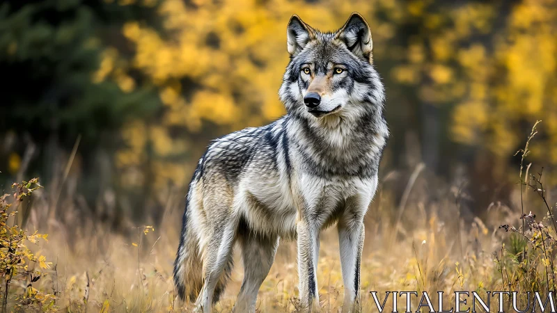 Autumn sentry wolf poised in golden forest hush.