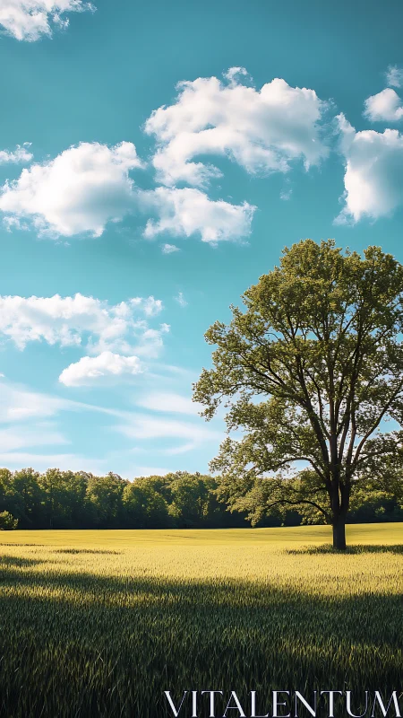 Solitary tree stands in sunlit field beneath scattered clouds
