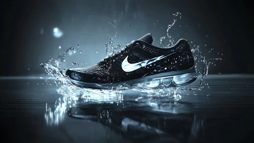 Black running shoe with water splash on reflective surface.