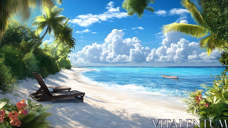 Tropical Maldivian Island Shoreline with Lounge Chairs, Palm Trees