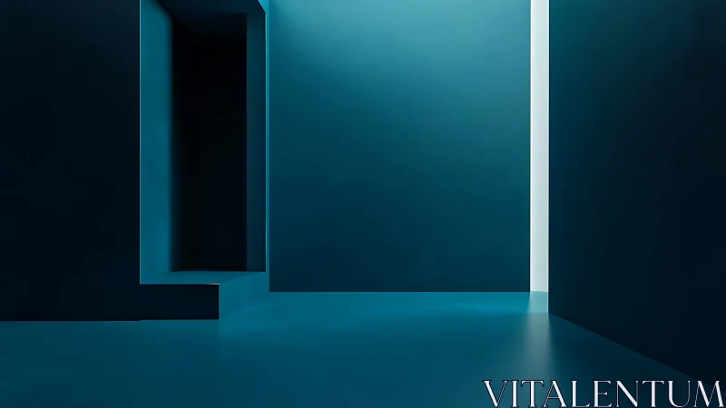 Minimal geometric interior with teal walls and doorway.