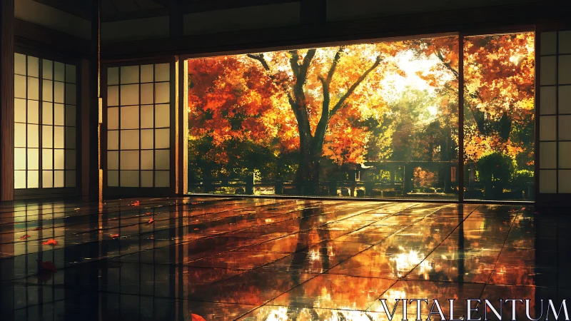 Autumn-lit tatami hall with reflective floor and shoji geometry.