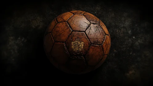 Vintage leather soccer ball with heavy wear on dark ground