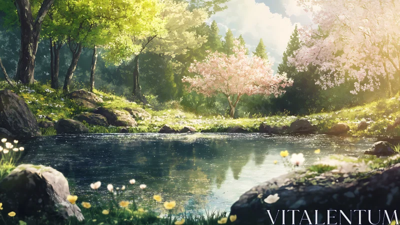 Spring pond in forest clearing with cherry blossom trees.