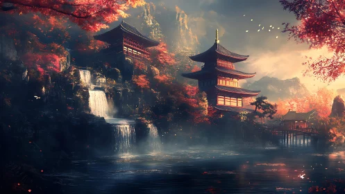 Tiered pagodas overlook waterfalls in a misted valley scene