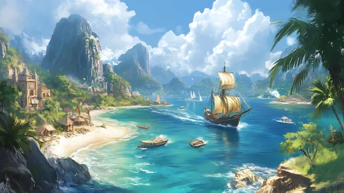 Tropical Harbor with Sailing Vessel: Digital Landscape Composition.