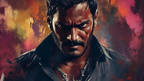 Brooding antihero glowers amid molten urban color storm.