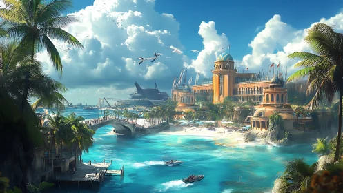 Rendered tropical coastal cityscape with palatial architecture and waterfront infrastructure.