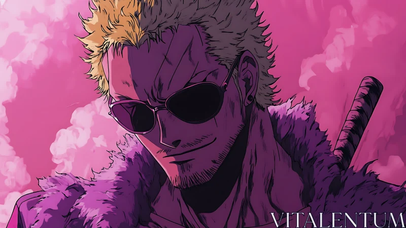 Blond anime villain in sunglasses stands under pink sky