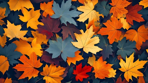 Multicolored autumn maple leaves forming dense surface pattern.