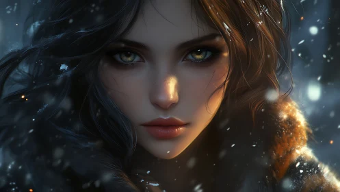 Winter portrait of intense woman amid falling snowflakes.