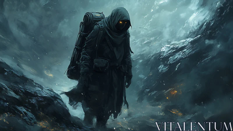 Hooded wasteland wanderer in stormlit icy ravine.