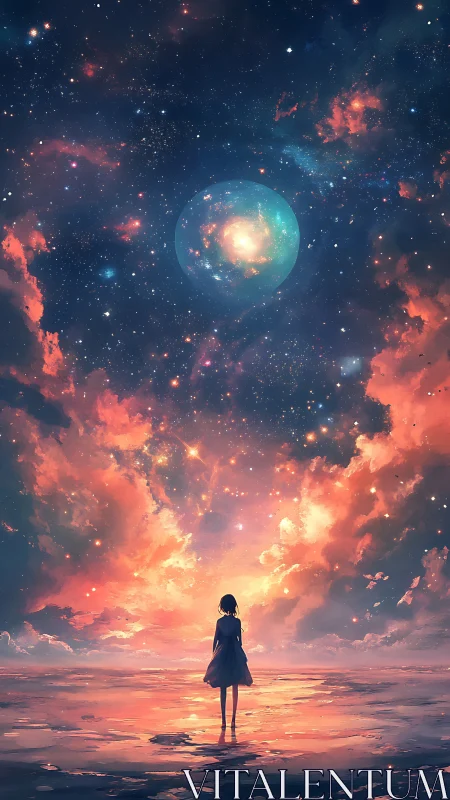 Solitary girl beneath luminous cosmic dawn skyscape.