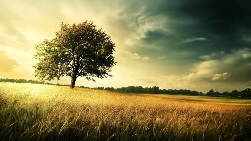 Solitary tree leans into stormlit gold across wild meadow