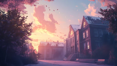 Gentle sunrise over quiet campus street in soft pastels.