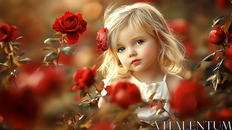 Young Girl Among Blooming Red Roses in Warm Light.