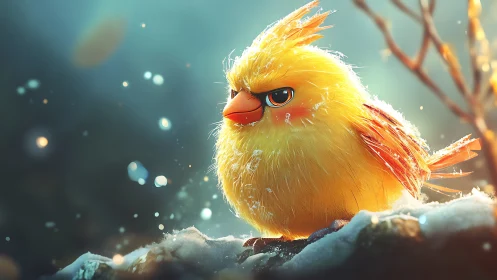 Fluffy Angry Yellow Bird in Snowy Forest, Cinematic Digital Art.