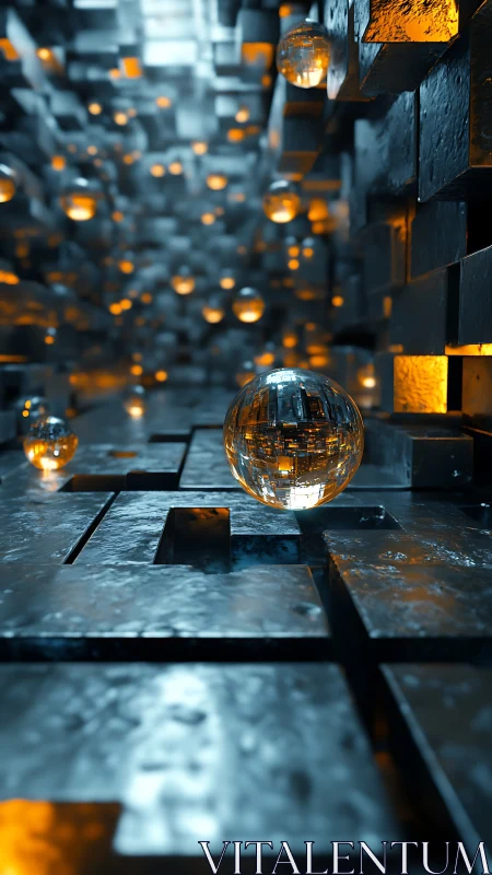 Chrome spheres suspended in glowing geometric corridor.