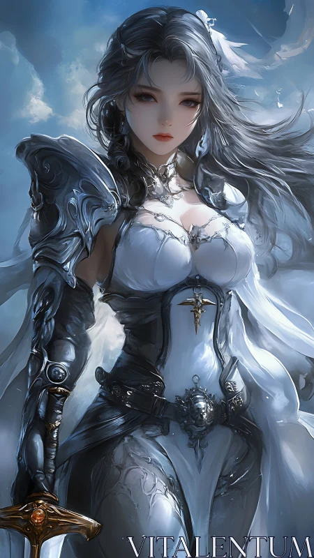 Silver armored battle maiden in luminous fantasy sky.