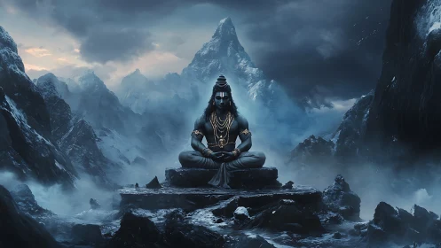 Shiva meditates on icy Himalayan peak under storm clouds.
