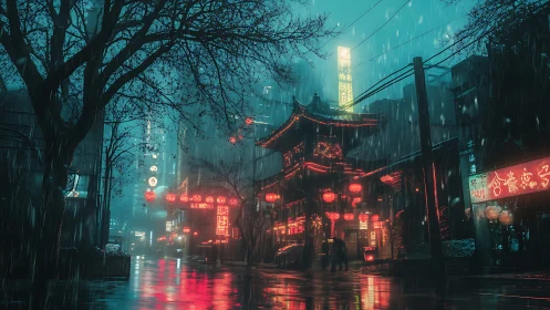 Rain-soaked neon Chinatown street renders atmospheric volumetric light