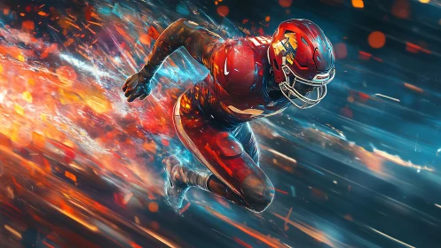 Digital painting shows football player sprinting through light effects