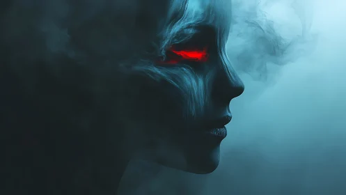 Side profile of spectral face with red illuminated eye region.