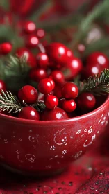 Glossy red berries fill patterned ceramic holiday bowl