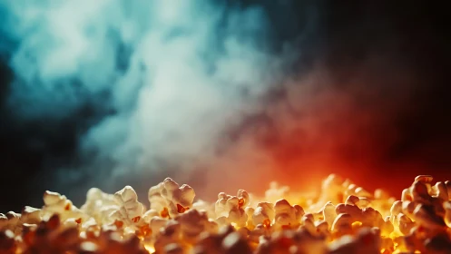 Cinematic popcorn macro under dramatic bicolor steam haze.