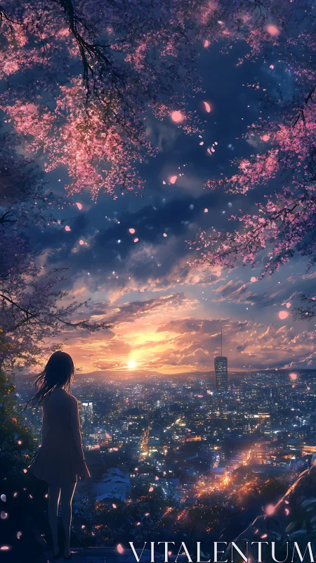 Anime cityscape sunset with cherry blossoms and solitary figure