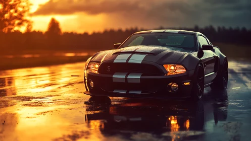 Shelby-style muscle car rendered in cinematic sunset rainlight