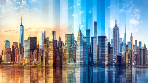 City skyline woven through shifting bands of daylight.