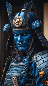 Blue armored samurai warrior portrait in ornate helmet.