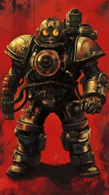 Heavily armored diving suit stands against distressed red backdrop