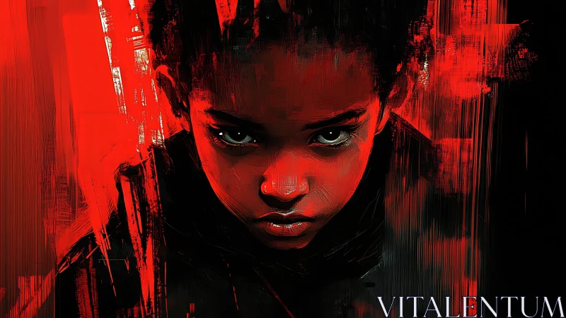 Intense Red Portrait with Digital Glitch Effect.