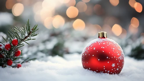 Red Christmas bauble in snowy foreground with festive bokeh glow