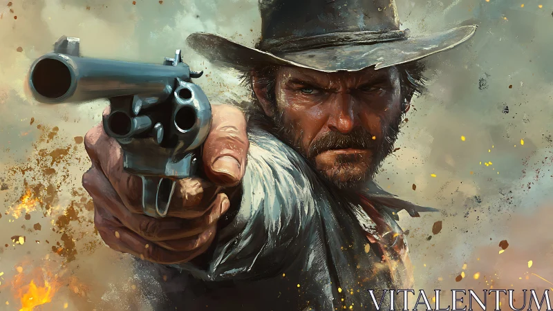 Cowboy points revolver directly toward viewer in close-up