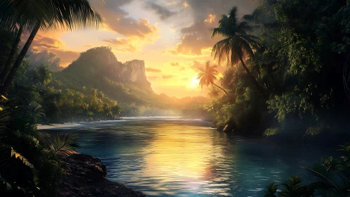 Sunlit tropical river meanders through lush jungle valley.