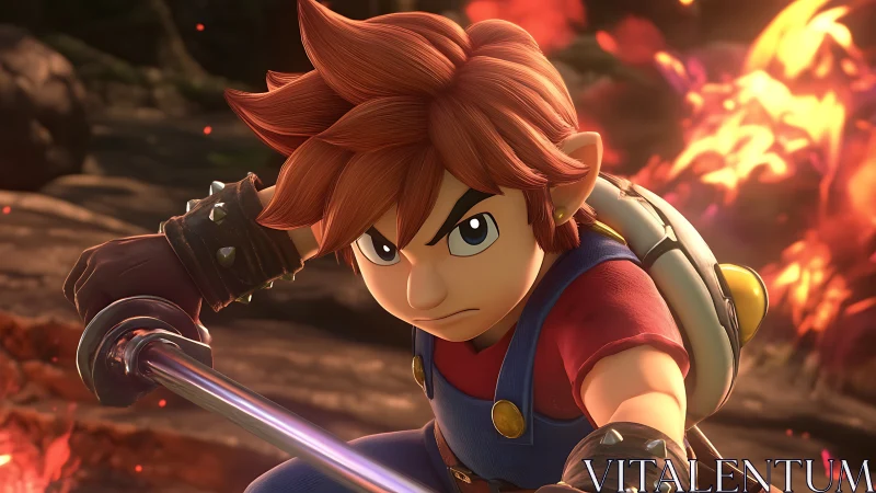 Fiery young swordsman charging through blazing battlefield.