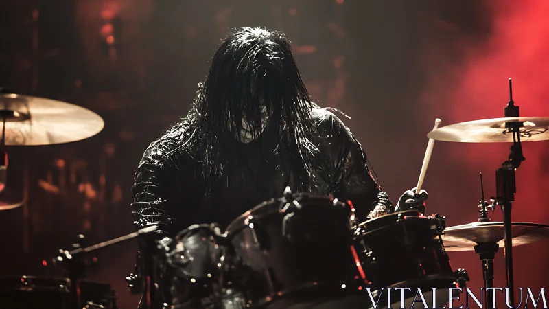 Heavy metal drummer pounds drums under red stage lights.