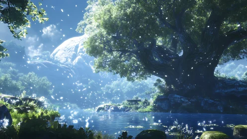 Spellbound river beneath the whispering world-tree glow.