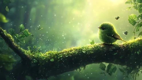 Fluffy green bird on mossy branch in enchanting forest scene.