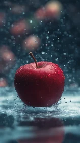 Glistening red apple dancing through cool water drops.